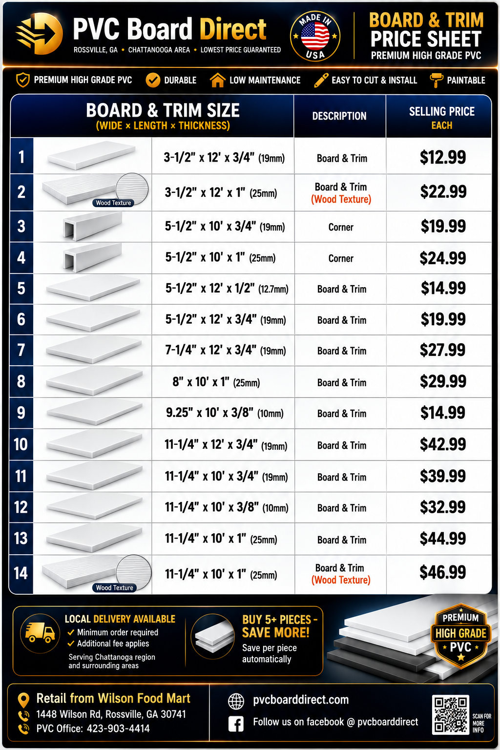 PVC board and trim pricing chart